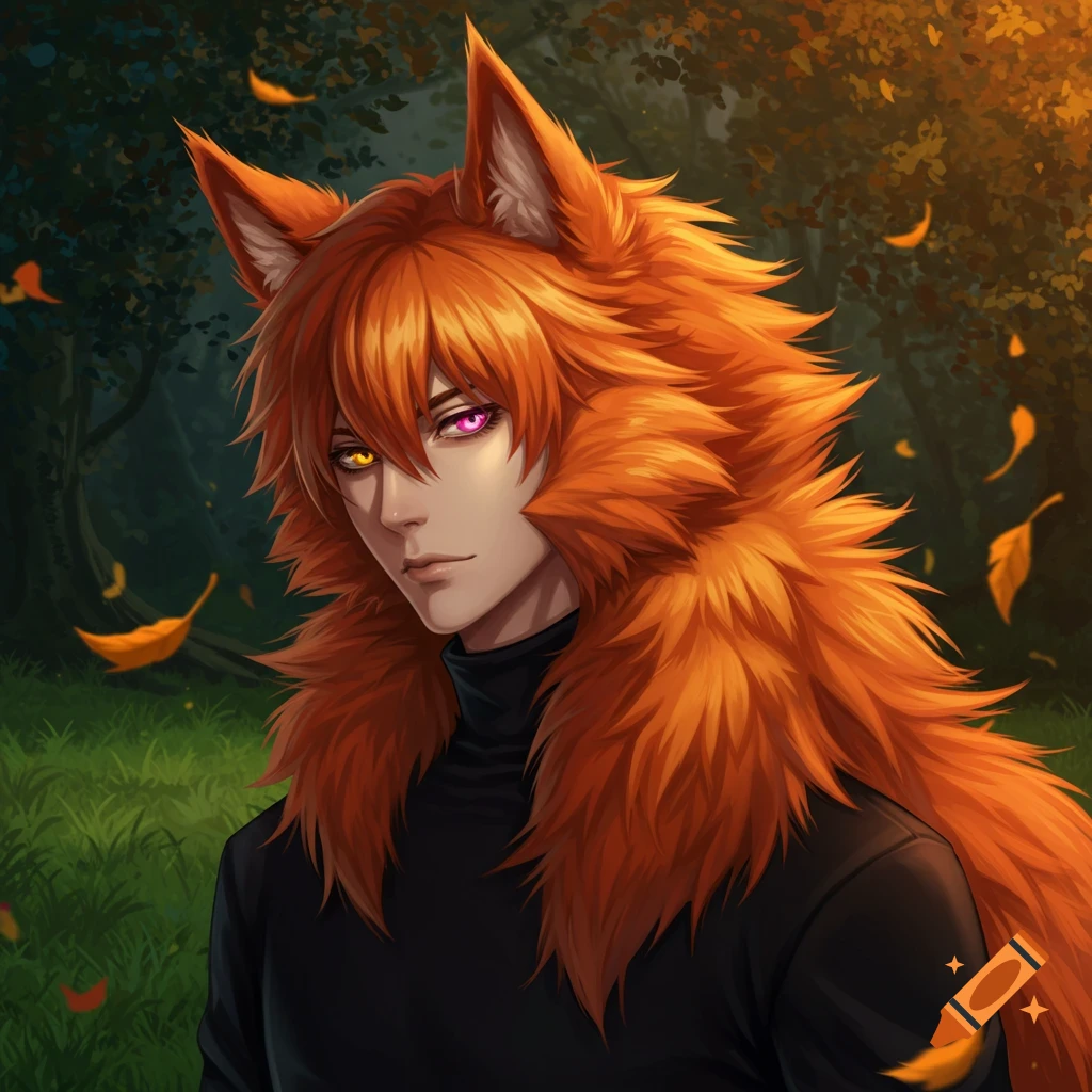 An anime wolf boy with orange fur, big ears, a black turtleneck, and heterochromia (gold and pink eyes) stands in an autumn forest.