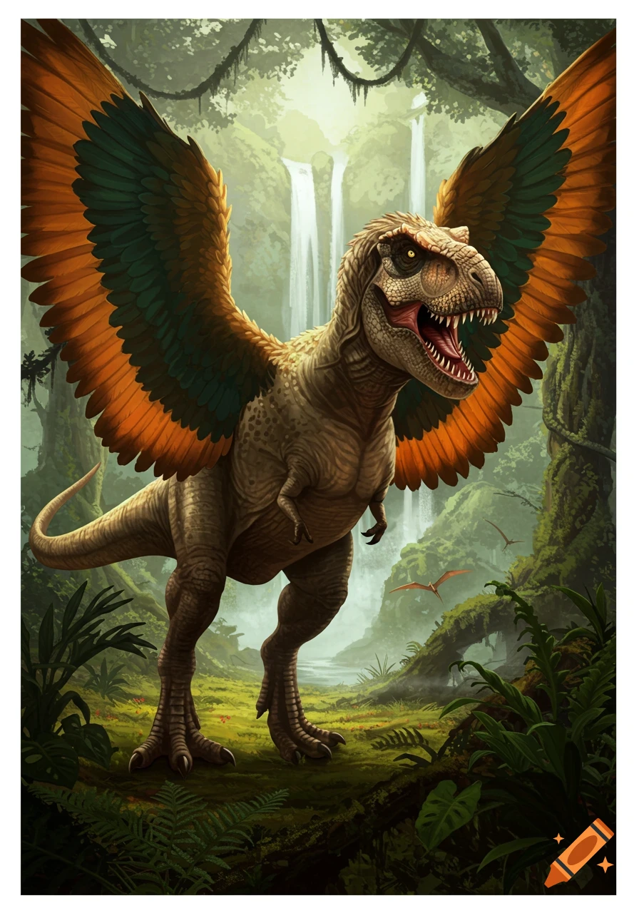 An illustration of a roaring, winged T-Rex with orange and green feathers in a vibrant jungle with waterfalls.