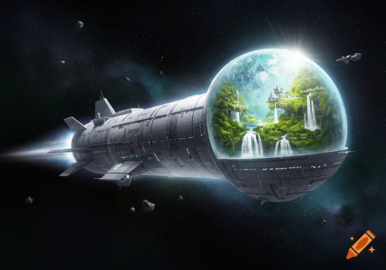 A large spacecraft with a clear dome on its front containing a lush green biosphere with waterfalls, traveling through space.