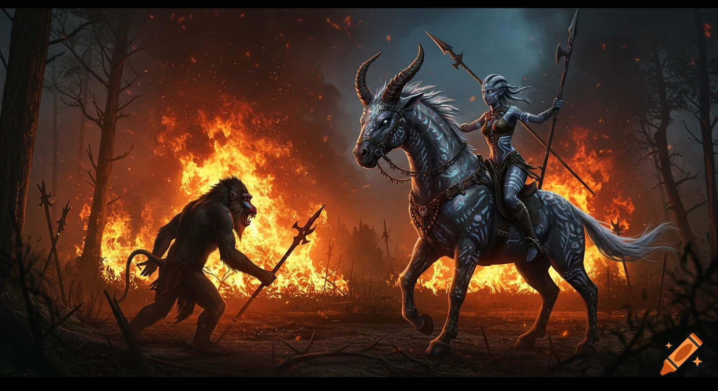 A humanoid alien warrior rides a horned horse-like creature into battle against a mandrill demon in a burning forest at night, fantasy art.