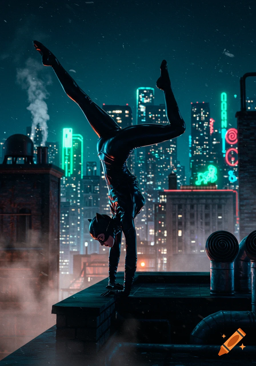 Catwoman performs a handstand on a dark rooftop overlooking a neon-lit futuristic city at night, in a photorealistic style.