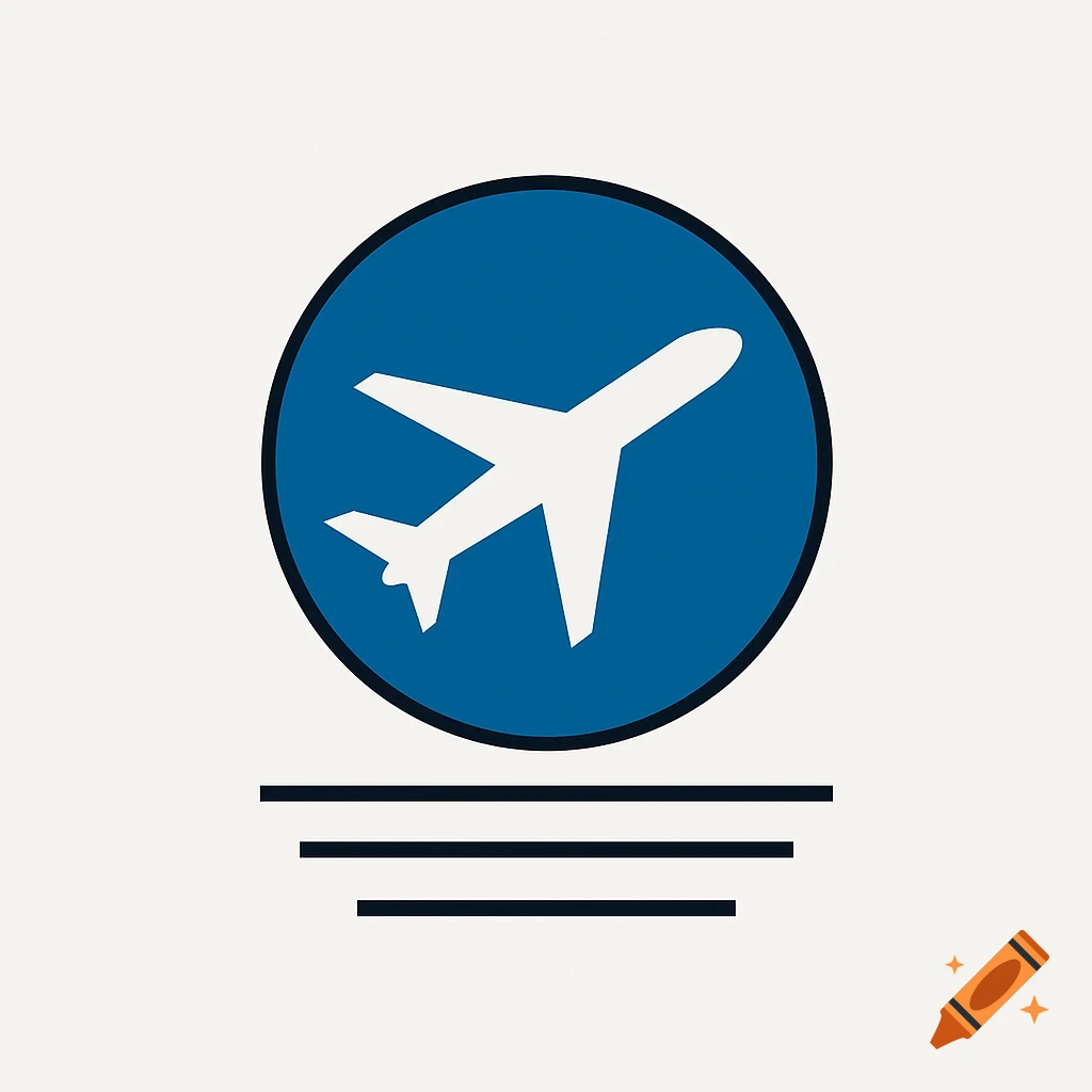 A white airplane silhouette inside a blue circle with a black outline, above three black horizontal lines, on a light background.