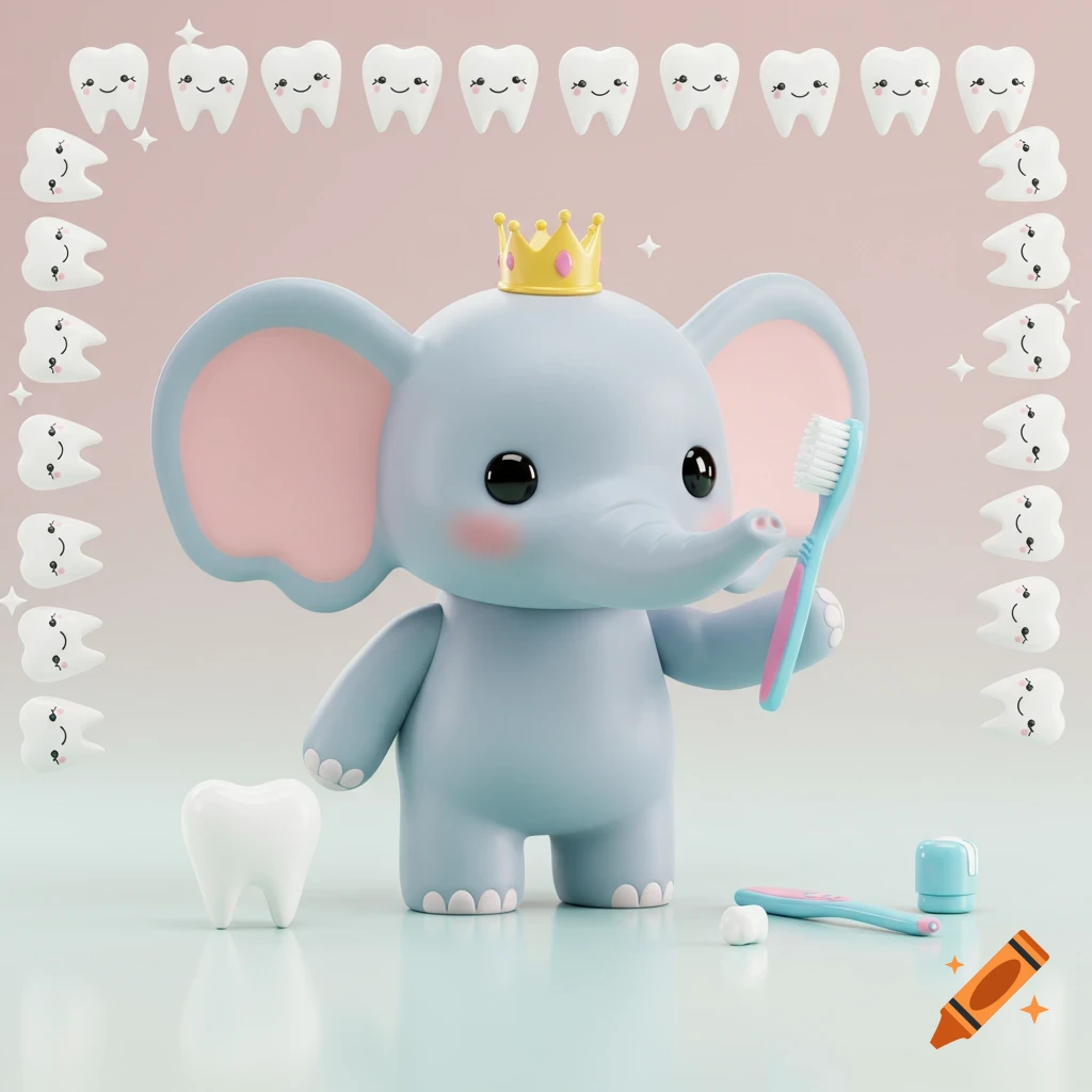 A cute 3D rendered blue elephant character wearing a gold crown holds a toothbrush, surrounded by smiling cartoon teeth against a pink background.