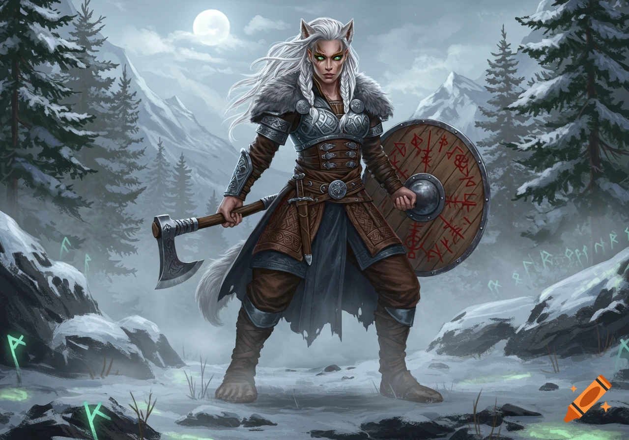 A white-haired female werewolf hybrid in Viking armor holds an axe and shield in a snowy, mountainous landscape under a full moon.
