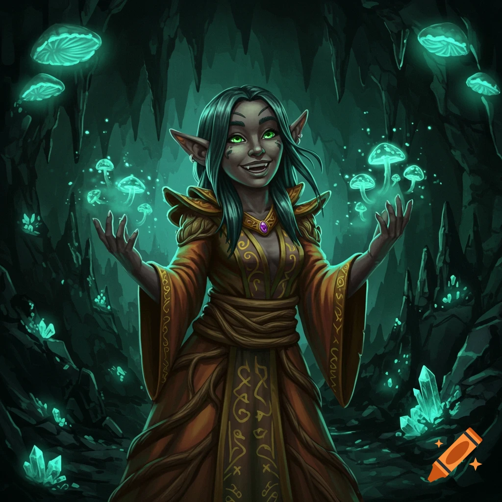 A female deep gnome wizard with green eyes and dark hair, wearing an ornate robe, conjures glowing mushrooms in a mystical cave.