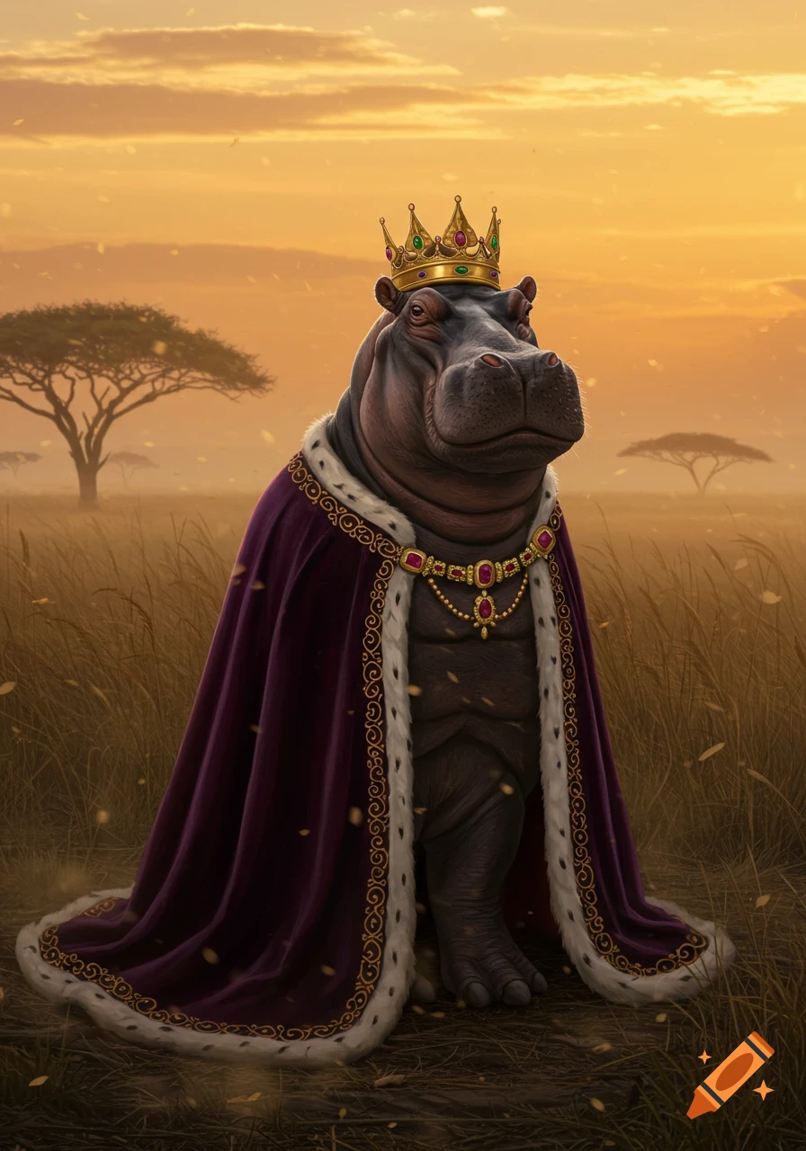 A majestic hippo king stands bipedal in a royal purple and gold robe and crown in a savanna at sunset.