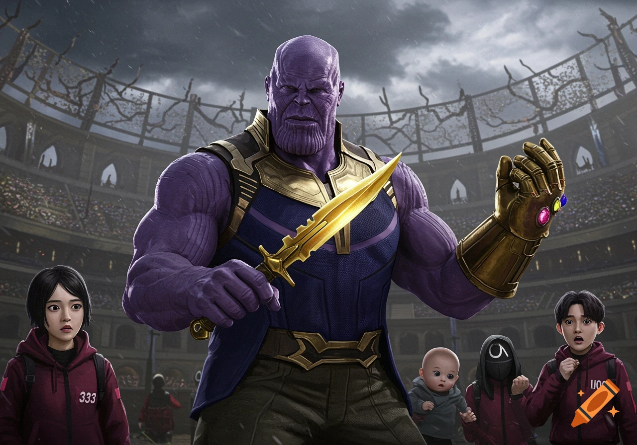Thanos with a golden dagger and Infinity Gauntlet stands in a gladiatorial arena with characters from Squid Game, including a baby, a masked figure, and two players in tracksuits.