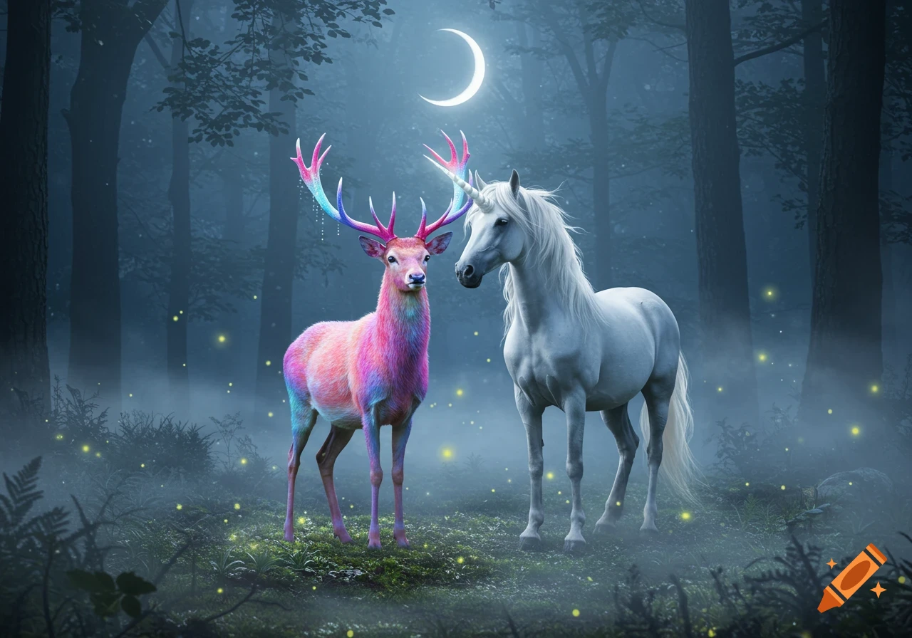 A vibrant rainbow deer and a white unicorn stand in a misty, moonlit forest with glowing fireflies.
