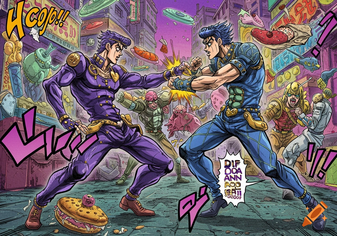 Two stylized men in a colorful manga art style punch each other in an urban setting filled with floating objects and other figures.