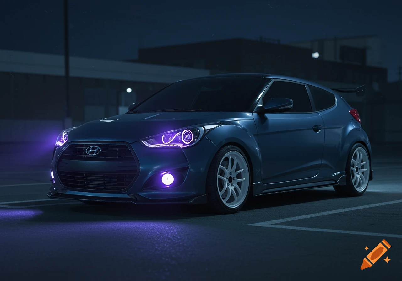 A dark blue 2014 Hyundai Veloster with glowing purple headlights and underglow, gloss white wheels, a carbon fiber spoiler, and front lip, parked at night.