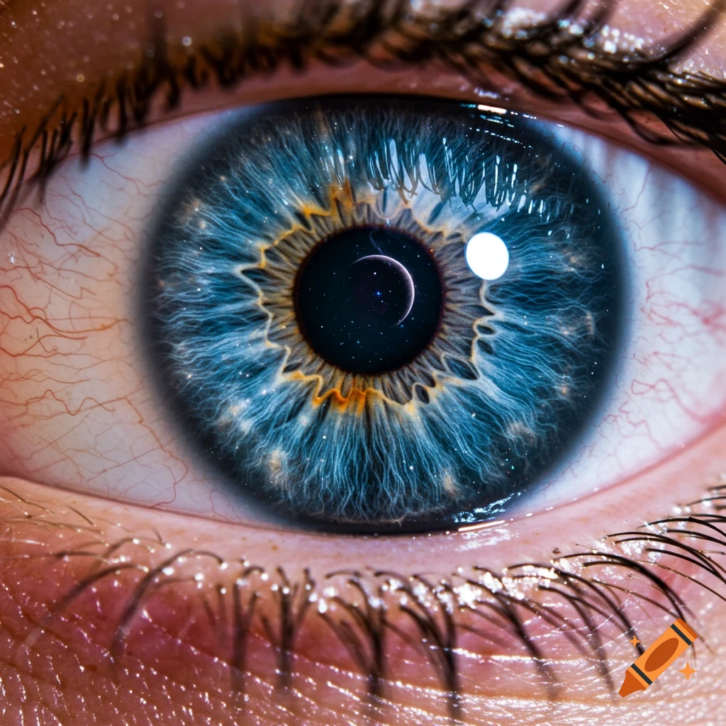 Close-up of a blue human eye with a starry galaxy and a crescent moon in the pupil.