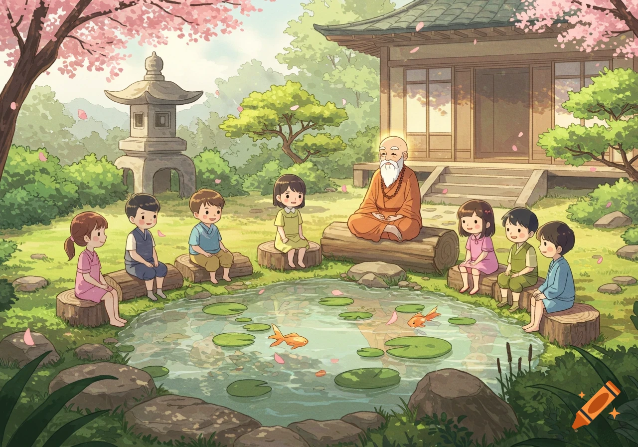 A guru and children sit around a goldfish pond in a Japanese garden with a temple, soft pastel animated style.