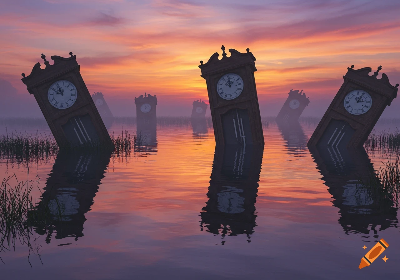 Numerous grandfather clocks partially submerged in water at sunset, creating a surreal landscape.