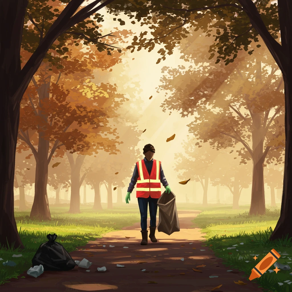 An illustration of a person in a high-viz vest picking up litter on an autumn park path with sunlight filtering through the trees.