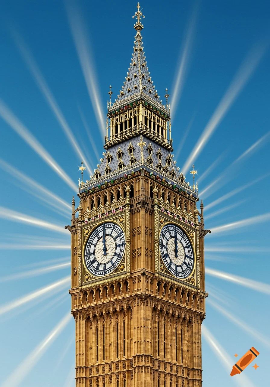 A detailed view of Big Ben under a bright blue sky with radiating light rays.