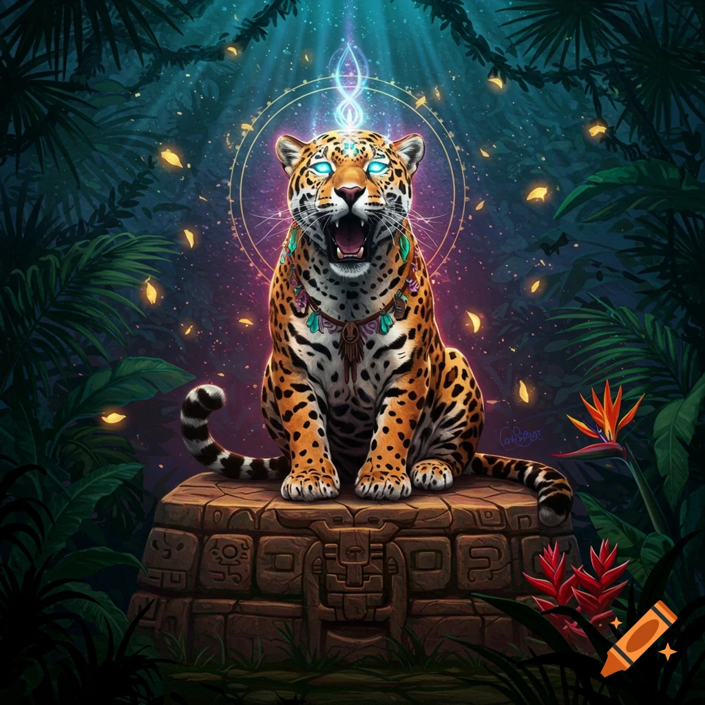 A shamanic jaguar with glowing eyes sits on a carved stone altar in a dark, mystical jungle, glowing with mystic energy.