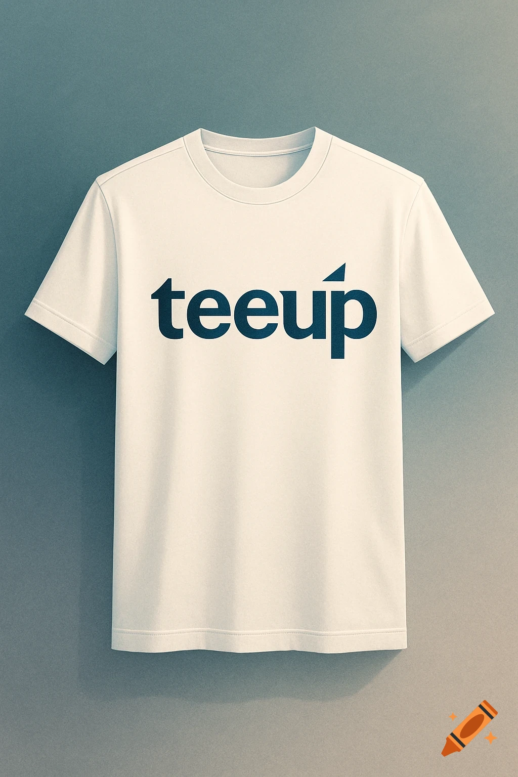 A white t-shirt with the dark blue word 'teeup' and a small triangular logo above the 'u', hanging against a muted grey background.