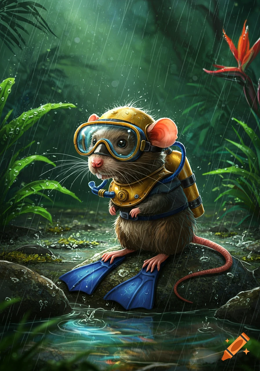 A cute, furry rat in yellow scuba gear and blue flippers stands on a rock in a rainy, lush green jungle.