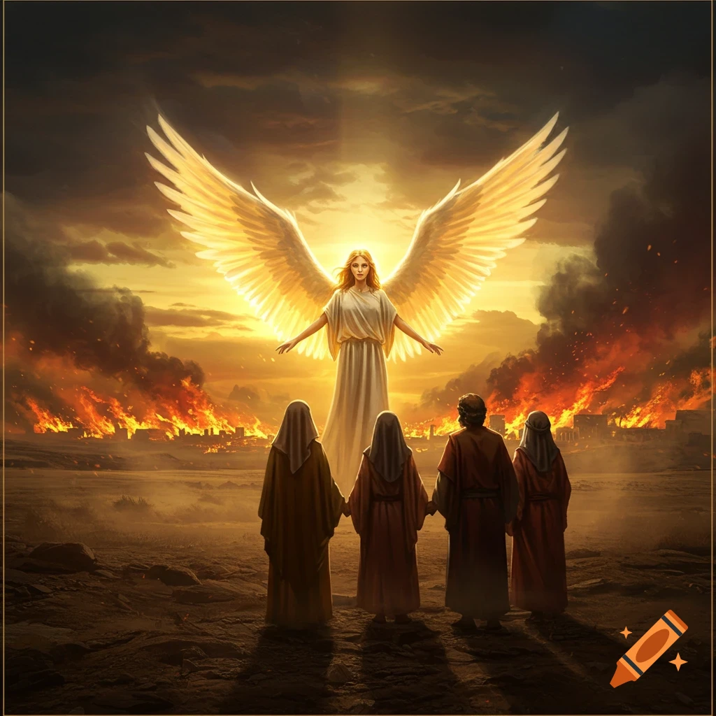 A radiant angel with large wings stands before four figures looking away from a city ablaze under a dramatic, fiery sky.