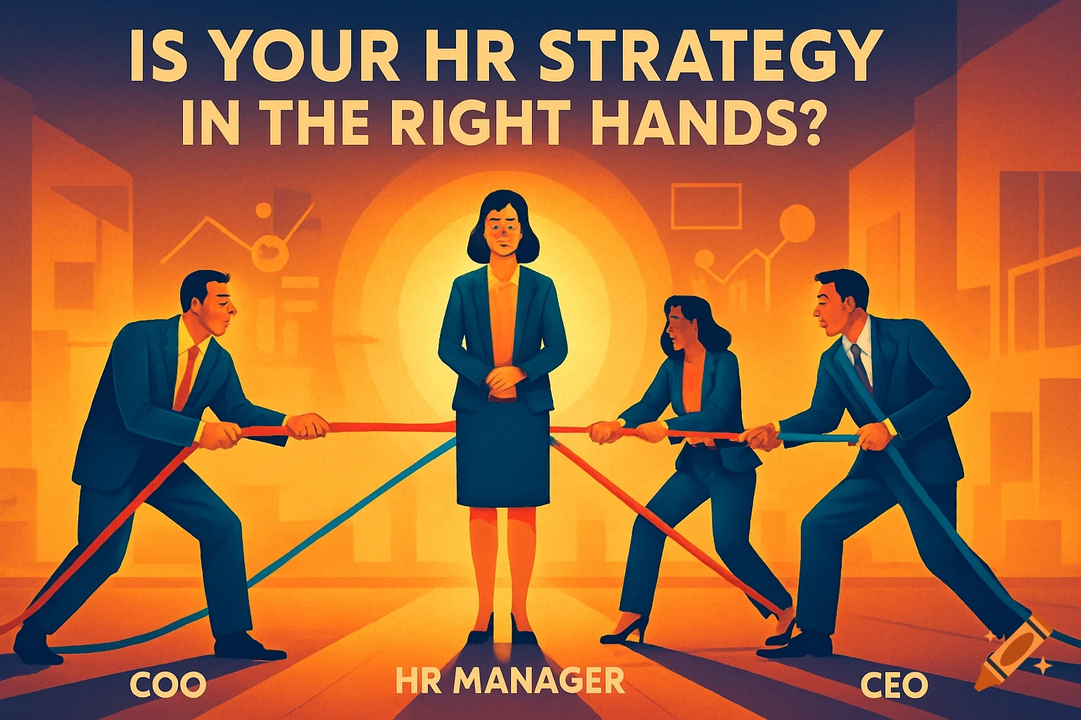 An illustration of a three-way tug of war. An HR Manager stands in the middle while a COO and CEO pull ropes, with text asking 'Is Your HR Strategy in the Right Hands?'