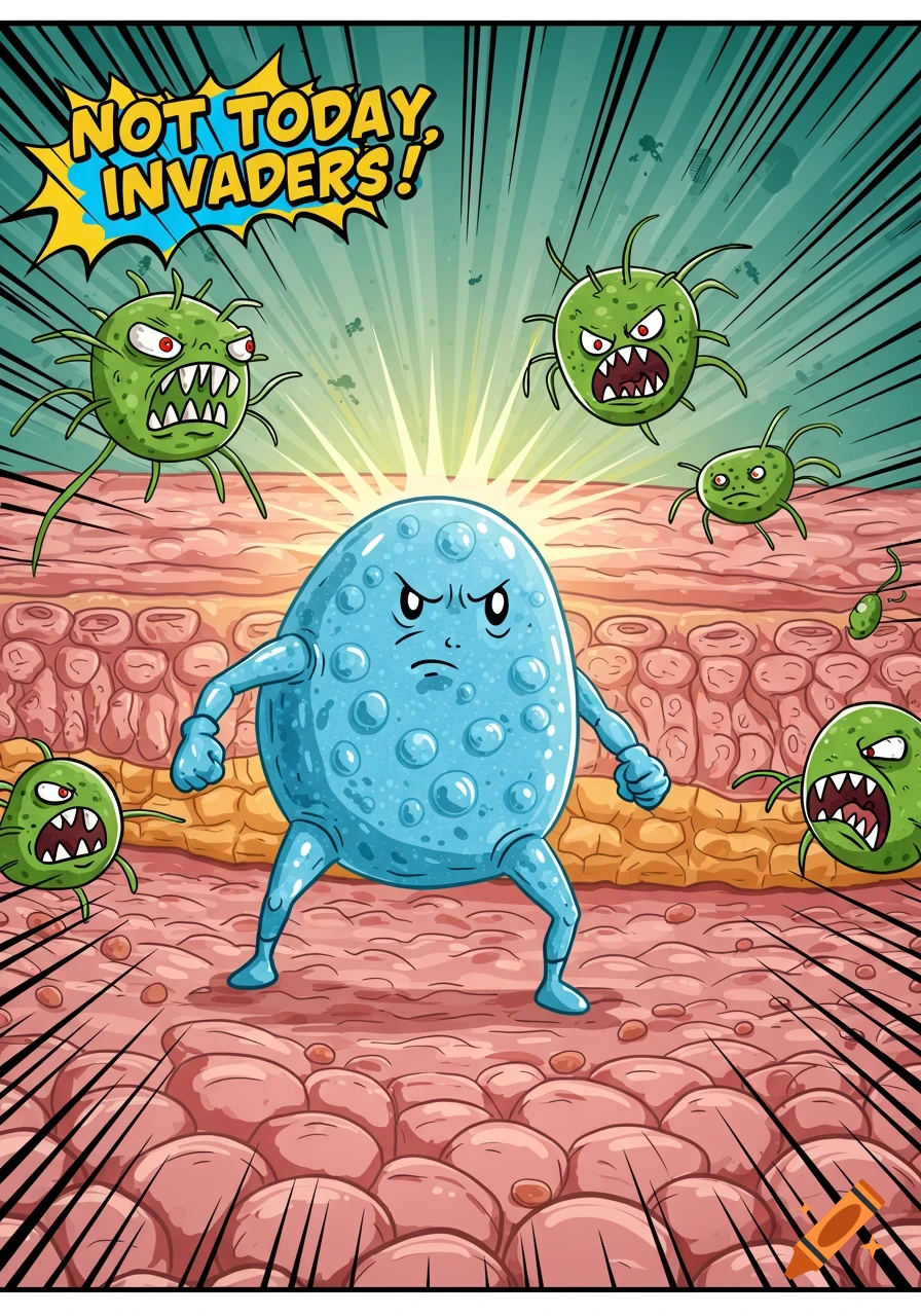 Cartoon illustration of a blue immune cell fighting off green invading bacteria cells on a cross-section of skin.