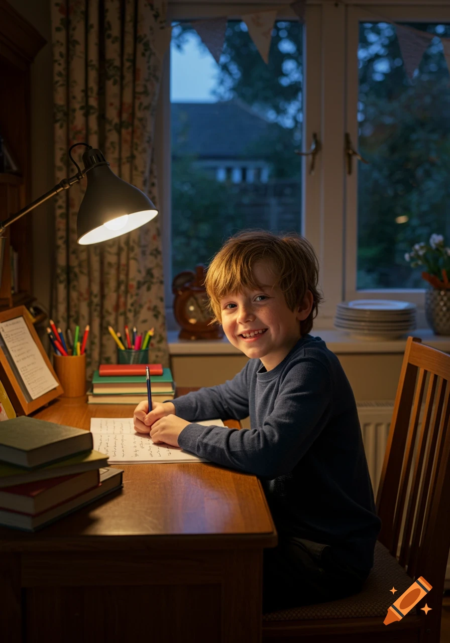 A smiling young boy with ginger hair sits at a desk under a lamp, writing on paper. Books and school supplies are nearby.