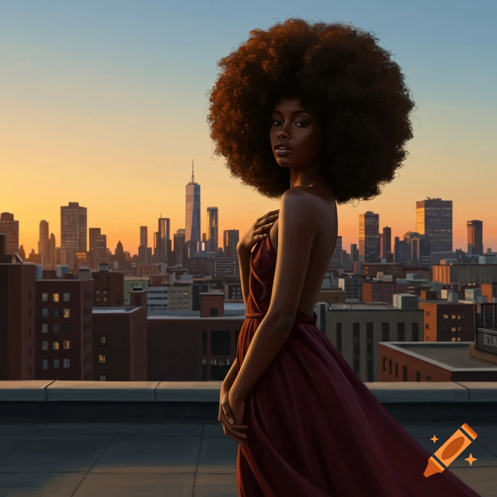 A beautiful Black woman with a large afro in a flowing red dress, standing on a rooftop with a city skyline at sunset.