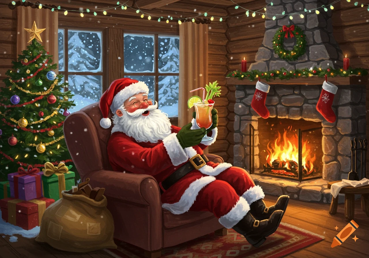 Santa Claus relaxes in an armchair by a warm fireplace with a Christmas tree nearby, holding a cocktail.