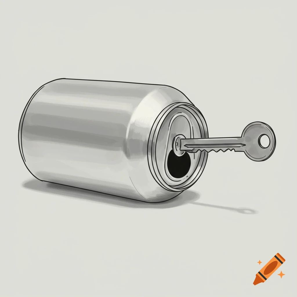 Silver can on its side with a key inserted into the opening, outline drawing.