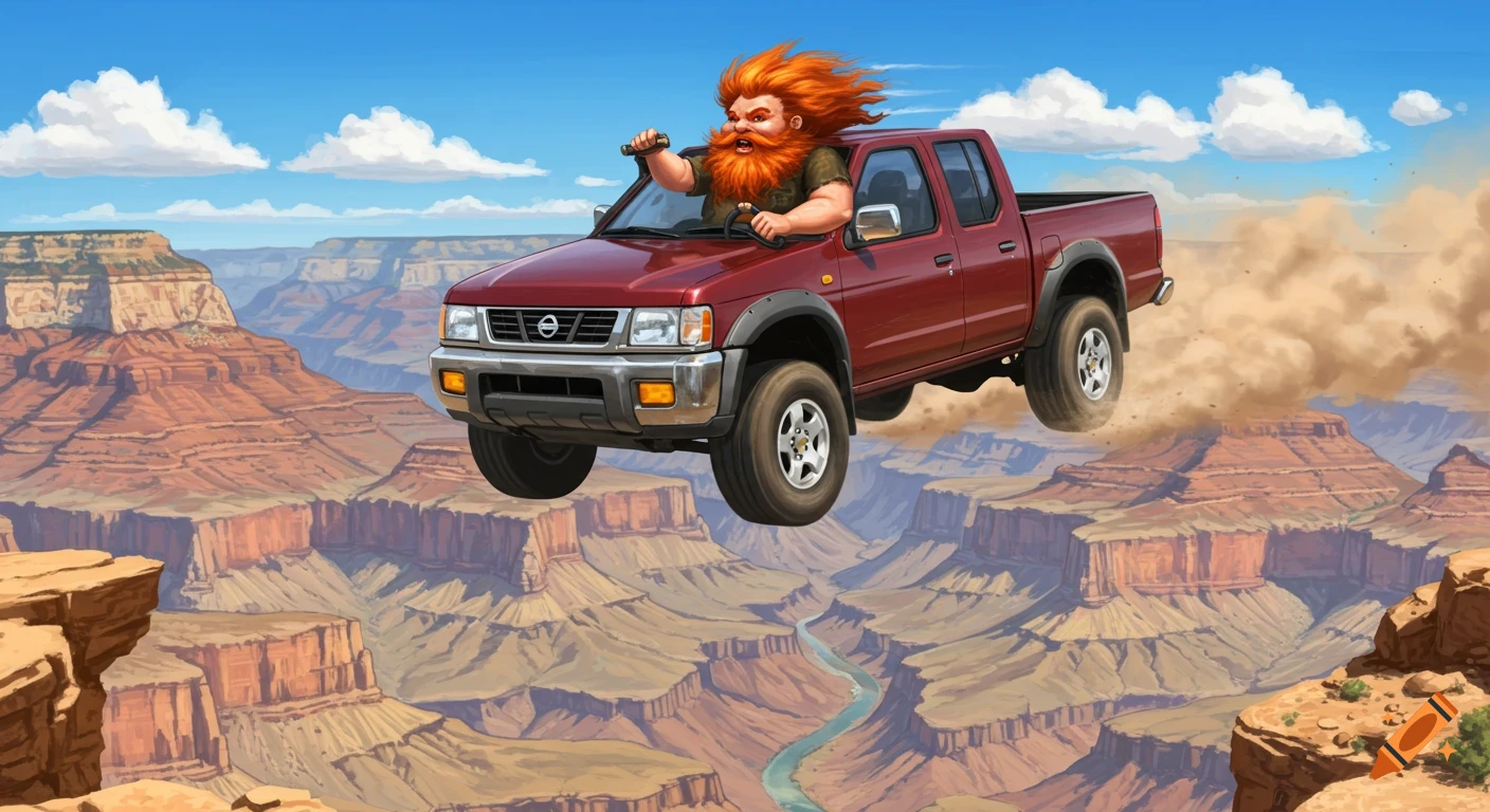 A cartoon dwarf with a large red beard drives a red pickup truck flying over the Grand Canyon.