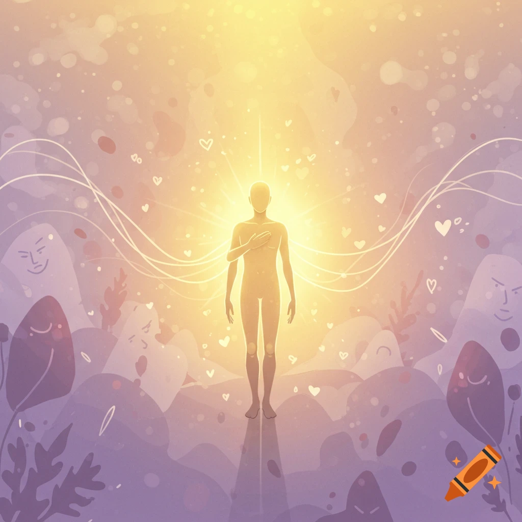A glowing, silhouette-like figure stands with a hand on its chest, surrounded by swirling light, hearts, and abstract faces in a purple and yellow gradient.