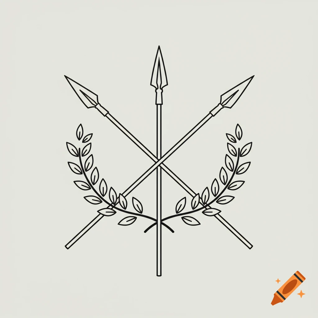 Minimalist black and white line art of three spears crossed with two laurel wreaths.