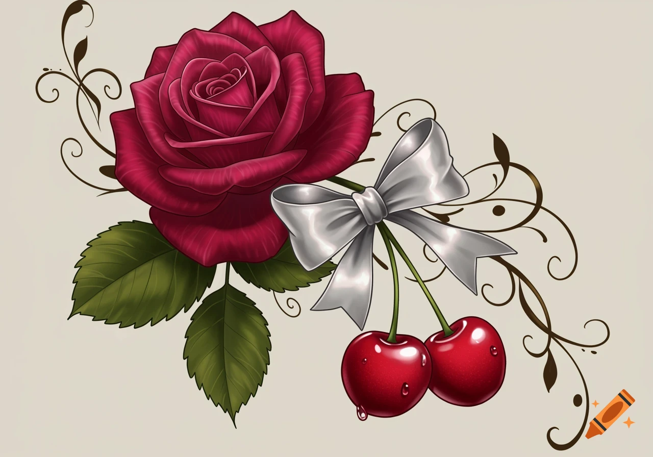 An illustration of a vibrant red rose with green leaves, a silver bow, and two red cherries, surrounded by decorative brown swirls.