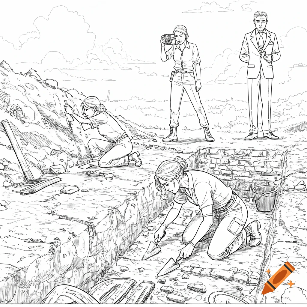 Black and white sketch of an archaeological dig. A woman digs in a trench, another photographs, and a man watches.