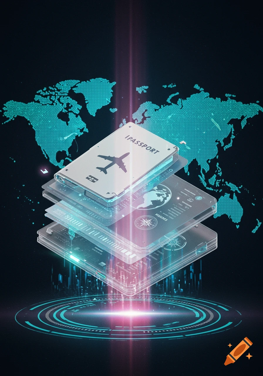 A digital passport with an airplane icon and 'IPASSPORT' text, floating above translucent digital layers and a glowing world map.