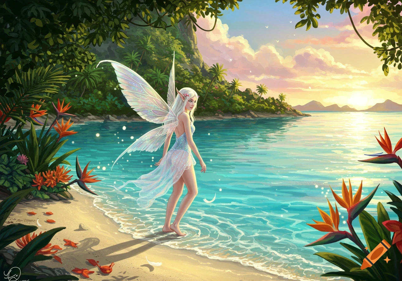 A white-blonde fae with iridescent wings walks on a tropical beach at sunset, with lush green foliage and clear blue water.