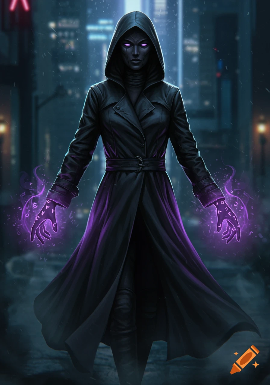 A mysterious hooded figure in a dark trench coat with glowing purple eyes and hands emitting purple runes stands in a rainy city.