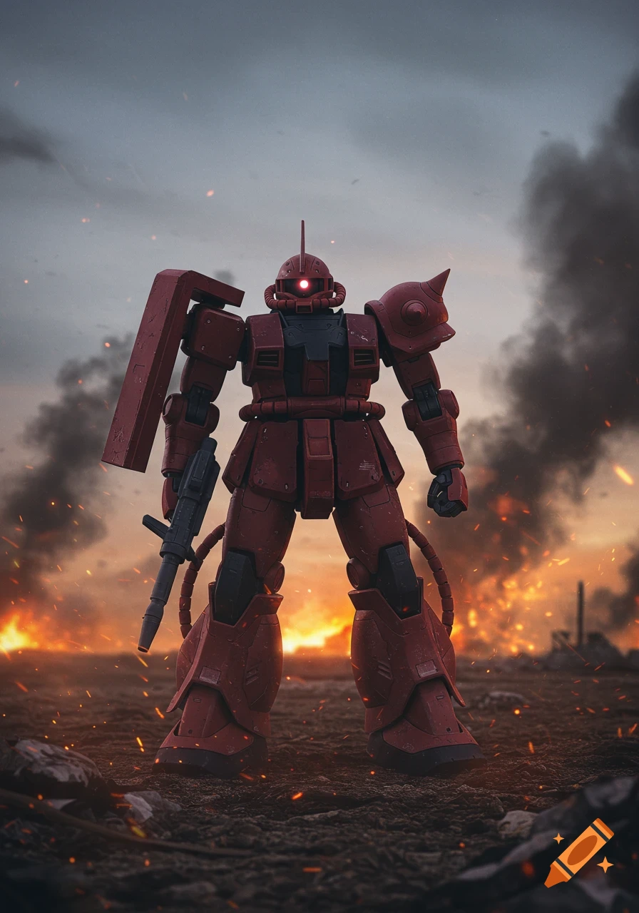 A photorealistic red Zaku robot stands powerfully amidst explosions and smoke, with glowing eyes.