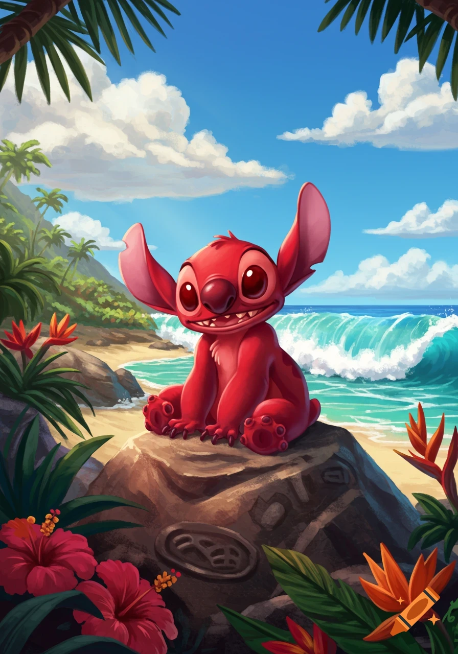 A red, cartoon alien creature resembling Stitch sits on a rock on a tropical beach with palm trees and ocean waves.