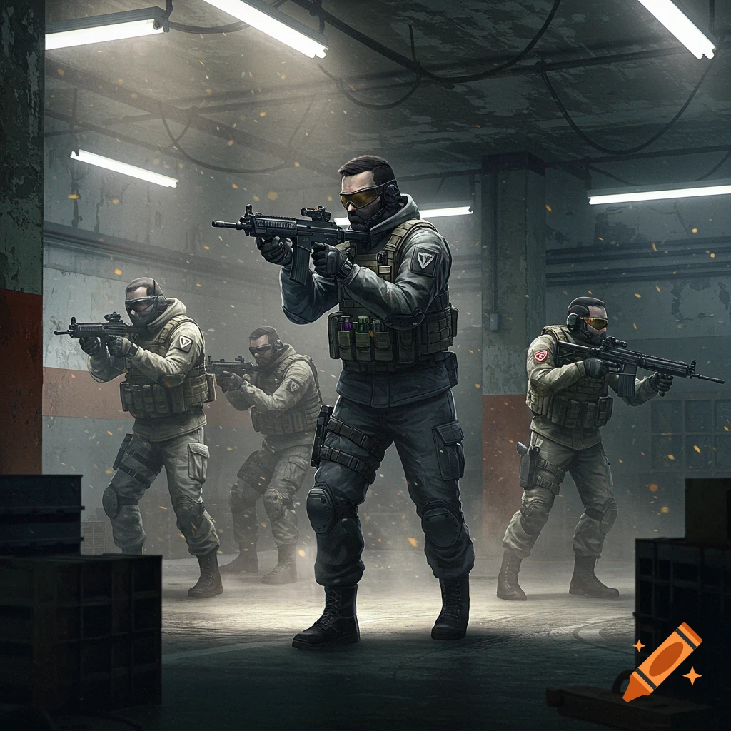 Four tactical soldiers in grey and tan gear, holding rifles, stand ready in a dusty, dimly lit indoor setting.