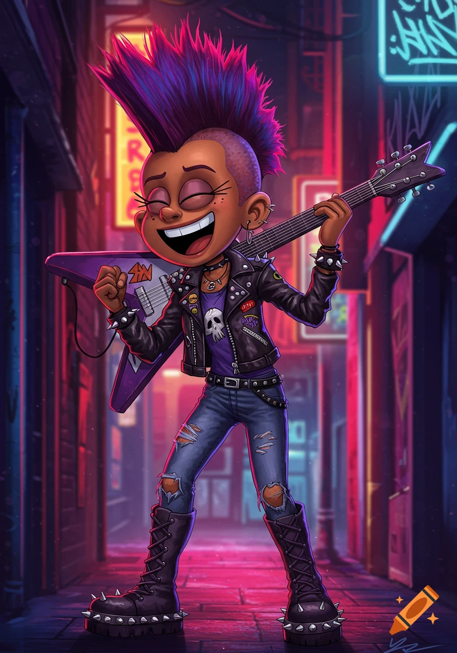 A smiling, dark-skinned cartoon punk girl with a vibrant purple mohawk holds an electric guitar in a neon-lit alley.