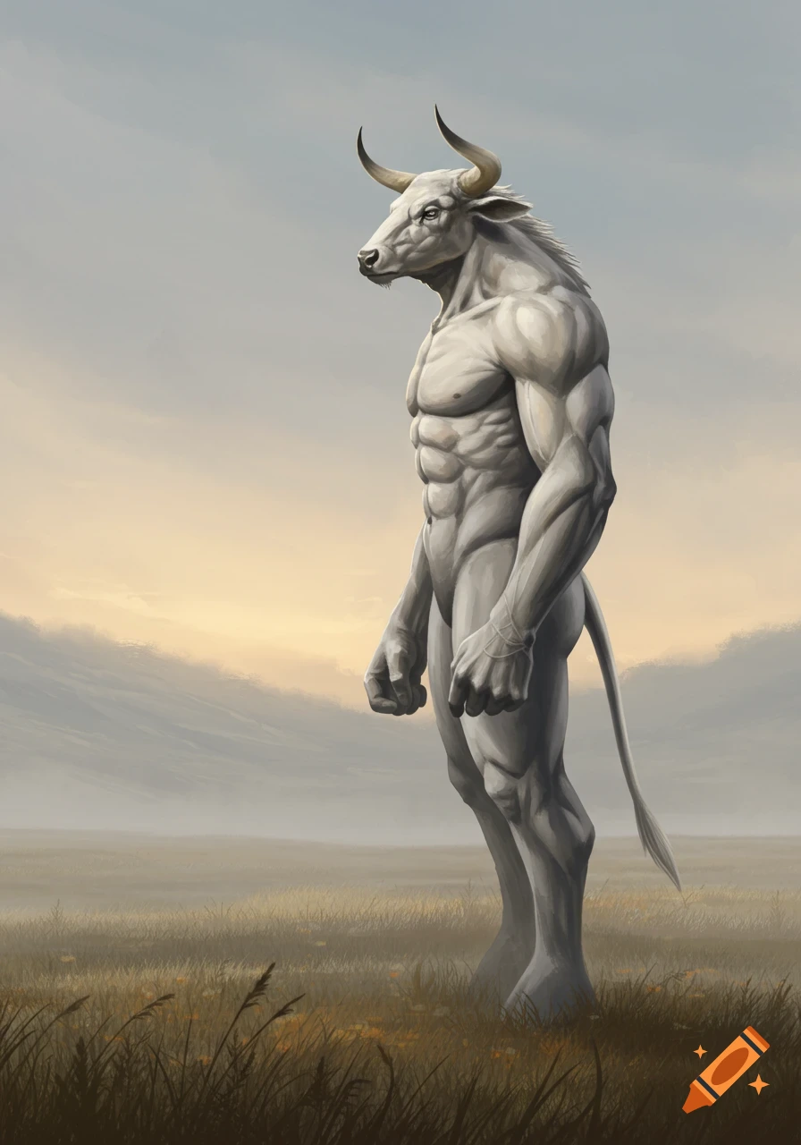 A white minotaur with a muscular human body and bovine head stands in a misty field at dusk.