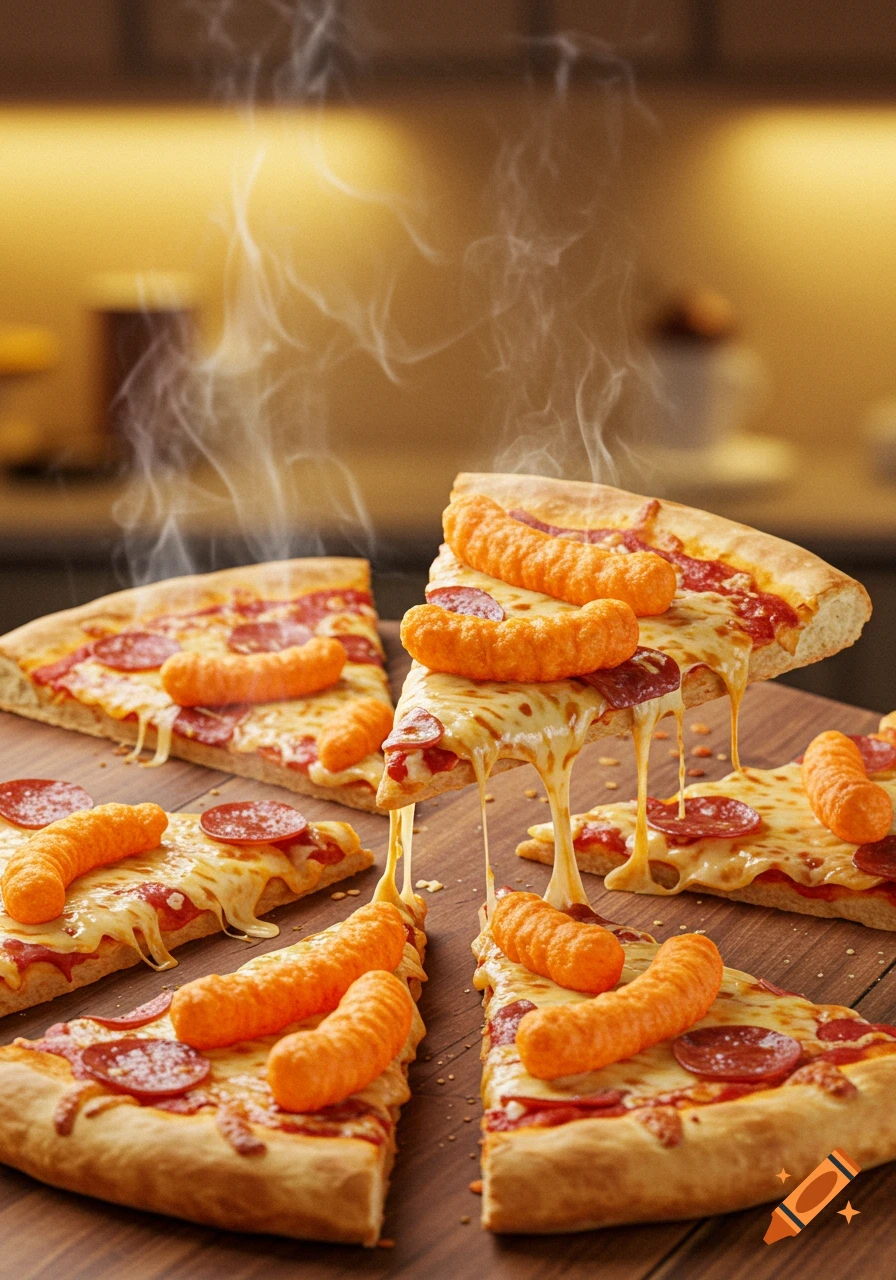 Photorealistic close-up of hot pepperoni pizza slices topped with orange cheese puffs and melting cheese, on a wooden surface.