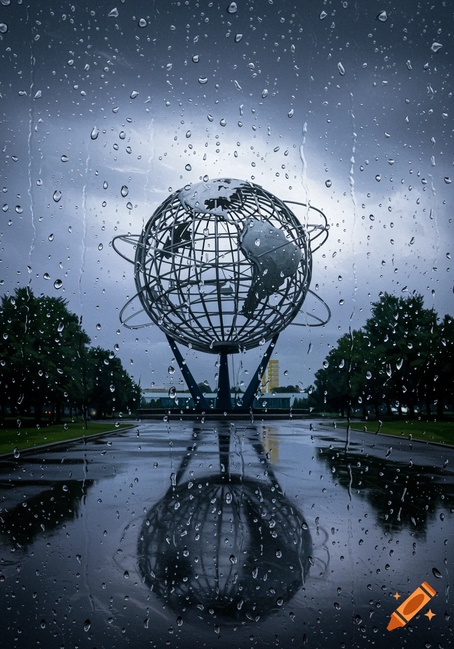 Photorealistic view of the Unisphere, a large metal globe, reflected on a wet plaza through a rain-streaked window on a gloomy day.