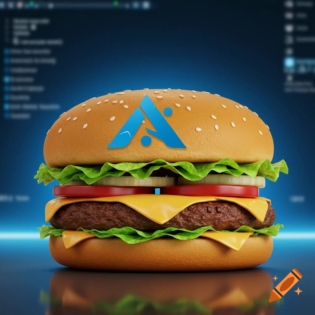 A photorealistic hamburger with lettuce, tomato, cheese, and a patty, featuring a blue Arch Linux logo on the top bun, set against a blurred blue tech background.