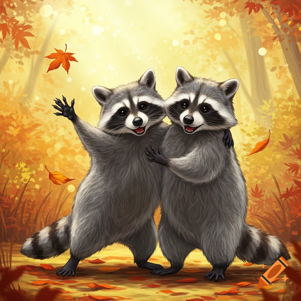 Two cute, anthropomorphic raccoons embracing and posing in a sunlit autumn forest with falling orange leaves, digital art.
