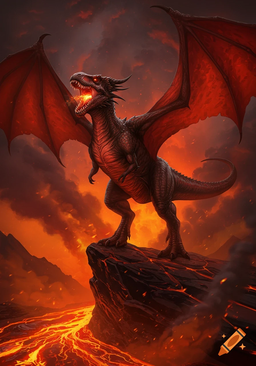 A fiery red dragon-like creature with large wings stands on a cliff, breathing fire over a landscape of flowing lava.