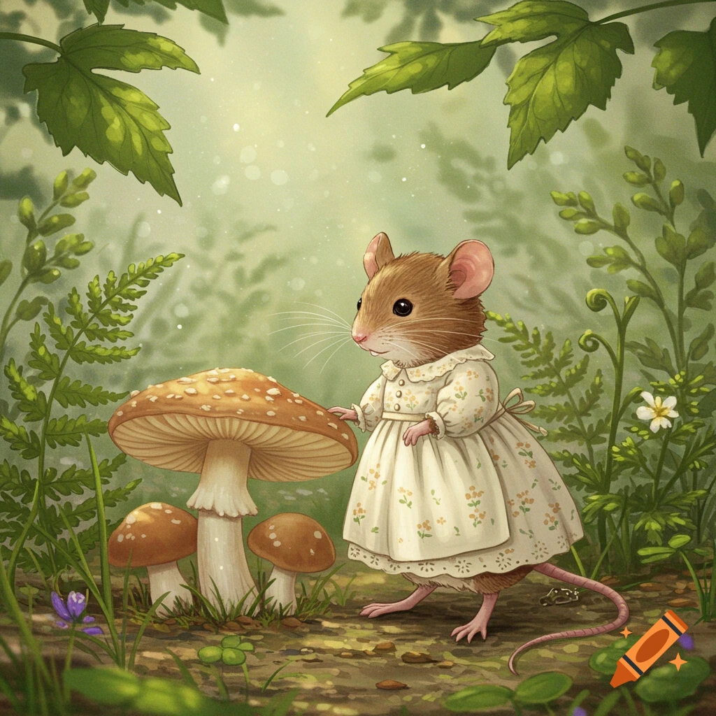 A Beatrix Potter-style illustration of a cute mouse in a cream dress standing beside large mushrooms in a whimsical forest.