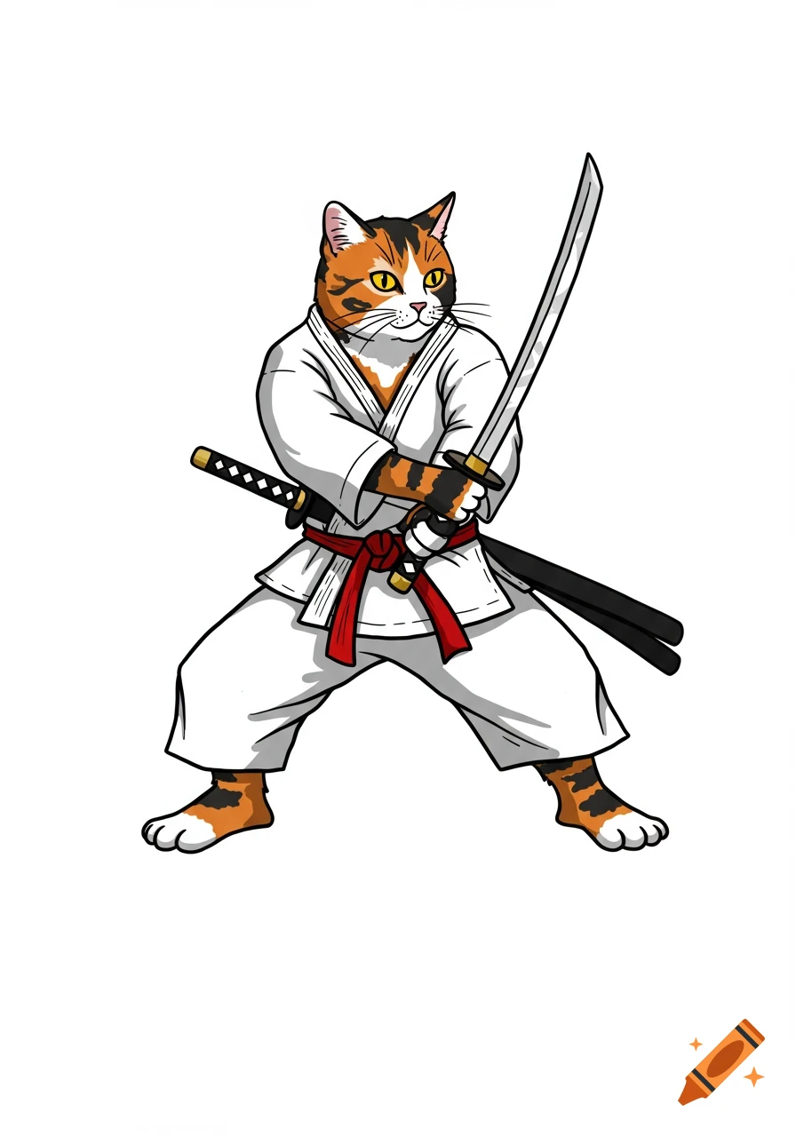 A cartoon calico cat in a white gi with a red belt holds a katana, standing in a martial arts pose against a white background.