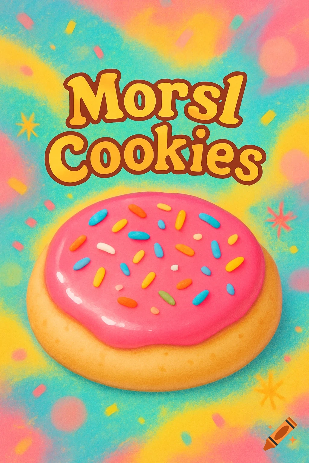 A vibrant illustration of a sugar cookie with pink frosting and colorful sprinkles, captioned 'Morsl Cookies' on a bright background.